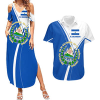 El Salvador National Flag Couples Matching Summer Maxi Dress and Hawaiian Shirt with Coat of Arms and Blue White Stripes Design - Wonder Print Shop