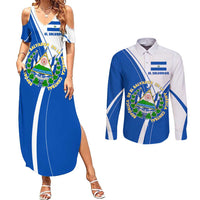 El Salvador National Flag Couples Matching Summer Maxi Dress and Long Sleeve Button Shirt with Coat of Arms and Blue White Stripes Design - Wonder Print Shop