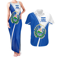 El Salvador National Flag Couples Matching Tank Maxi Dress and Hawaiian Shirt with Coat of Arms and Blue White Stripes Design - Wonder Print Shop