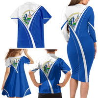 El Salvador National Flag Family Matching Long Sleeve Bodycon Dress and Hawaiian Shirt with Coat of Arms and Blue White Stripes Design - Wonder Print Shop