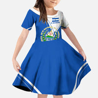 El Salvador National Flag Family Matching Off The Shoulder Long Sleeve Dress and Hawaiian Shirt with Coat of Arms and Blue White Stripes Design - Wonder Print Shop