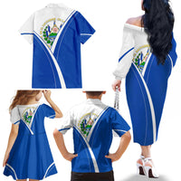 El Salvador National Flag Family Matching Off The Shoulder Long Sleeve Dress and Hawaiian Shirt with Coat of Arms and Blue White Stripes Design - Wonder Print Shop