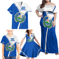 El Salvador National Flag Family Matching Off Shoulder Maxi Dress and Hawaiian Shirt with Coat of Arms and Blue White Stripes Design - Wonder Print Shop