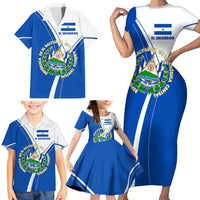 El Salvador National Flag Family Matching Short Sleeve Bodycon Dress and Hawaiian Shirt with Coat of Arms and Blue White Stripes Design - Wonder Print Shop
