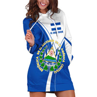 El Salvador National Flag Hoodie Dress with Coat of Arms and Blue White Stripes Design - Wonder Print Shop