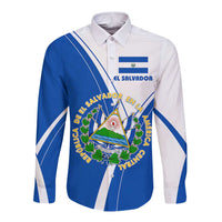 El Salvador National Flag Long Sleeve Button Shirt with Coat of Arms and Blue White Stripes Design - Wonder Print Shop