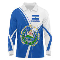 El Salvador National Flag Long Sleeve Polo Shirt with Coat of Arms and Blue White Stripes Design - Wonder Print Shop