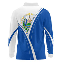 El Salvador National Flag Long Sleeve Polo Shirt with Coat of Arms and Blue White Stripes Design - Wonder Print Shop