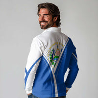 El Salvador National Flag Long Sleeve Polo Shirt with Coat of Arms and Blue White Stripes Design - Wonder Print Shop