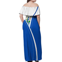 El Salvador National Flag Off Shoulder Maxi Dress with Coat of Arms and Blue White Stripes Design - Wonder Print Shop