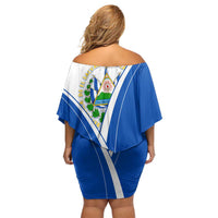 El Salvador National Flag Off Shoulder Short Dress with Coat of Arms and Blue White Stripes Design - Wonder Print Shop