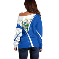 El Salvador National Flag Off Shoulder Sweater with Coat of Arms and Blue White Stripes Design - Wonder Print Shop