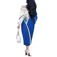 El Salvador National Flag Off The Shoulder Long Sleeve Dress with Coat of Arms and Blue White Stripes Design - Wonder Print Shop