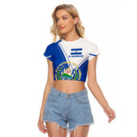 El Salvador National Flag Raglan Cropped T Shirt with Coat of Arms and Blue White Stripes Design - Wonder Print Shop