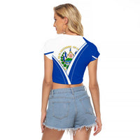 El Salvador National Flag Raglan Cropped T Shirt with Coat of Arms and Blue White Stripes Design - Wonder Print Shop