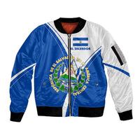 El Salvador National Flag Sleeve Zip Bomber Jacket with Coat of Arms and Blue White Stripes Design - Wonder Print Shop