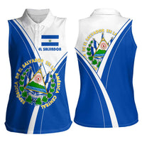El Salvador National Flag Women Sleeveless Polo Shirt with Coat of Arms and Blue White Stripes Design - Wonder Print Shop