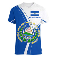 El Salvador National Flag Women V-Neck T-Shirt with Coat of Arms and Blue White Stripes Design - Wonder Print Shop