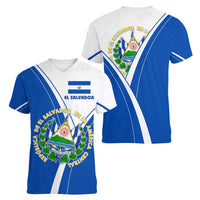 El Salvador National Flag Women V-Neck T-Shirt with Coat of Arms and Blue White Stripes Design - Wonder Print Shop