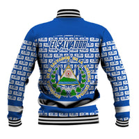 El Salvador Tribal Pattern Baseball Jacket with National Coat of Arms and Blue White Theme - Wonder Print Shop