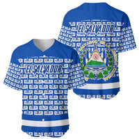 El Salvador Tribal Pattern Baseball Jersey with National Coat of Arms and Blue White Theme - Wonder Print Shop