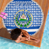 El Salvador Tribal Pattern Beach Blanket with National Coat of Arms and Blue White Theme - Wonder Print Shop