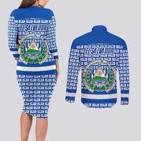 El Salvador Tribal Pattern Couples Matching Long Sleeve Bodycon Dress and Long Sleeve Button Shirt with National Coat of Arms and Blue White Theme - Wonder Print Shop