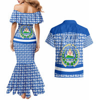El Salvador Tribal Pattern Couples Matching Mermaid Dress and Hawaiian Shirt with National Coat of Arms and Blue White Theme - Wonder Print Shop