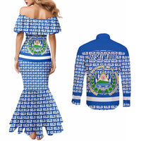 El Salvador Tribal Pattern Couples Matching Mermaid Dress and Long Sleeve Button Shirt with National Coat of Arms and Blue White Theme - Wonder Print Shop