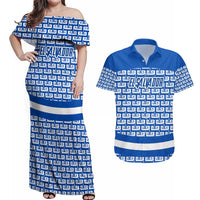 El Salvador Tribal Pattern Couples Matching Off Shoulder Maxi Dress and Hawaiian Shirt with National Coat of Arms and Blue White Theme - Wonder Print Shop