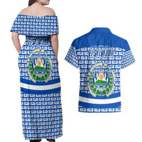 El Salvador Tribal Pattern Couples Matching Off Shoulder Maxi Dress and Hawaiian Shirt with National Coat of Arms and Blue White Theme - Wonder Print Shop