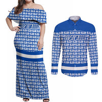 El Salvador Tribal Pattern Couples Matching Off Shoulder Maxi Dress and Long Sleeve Button Shirt with National Coat of Arms and Blue White Theme - Wonder Print Shop