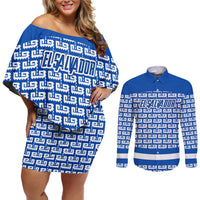 El Salvador Tribal Pattern Couples Matching Off Shoulder Short Dress and Long Sleeve Button Shirt with National Coat of Arms and Blue White Theme - Wonder Print Shop