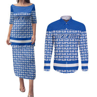 El Salvador Tribal Pattern Couples Matching Puletasi and Long Sleeve Button Shirt with National Coat of Arms and Blue White Theme - Wonder Print Shop