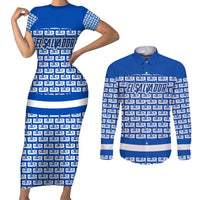 El Salvador Tribal Pattern Couples Matching Short Sleeve Bodycon Dress and Long Sleeve Button Shirt with National Coat of Arms and Blue White Theme - Wonder Print Shop