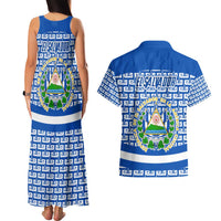El Salvador Tribal Pattern Couples Matching Tank Maxi Dress and Hawaiian Shirt with National Coat of Arms and Blue White Theme - Wonder Print Shop