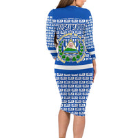 El Salvador Tribal Pattern Family Matching Long Sleeve Bodycon Dress and Hawaiian Shirt with National Coat of Arms and Blue White Theme - Wonder Print Shop