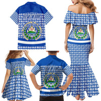 El Salvador Tribal Pattern Family Matching Mermaid Dress and Hawaiian Shirt with National Coat of Arms and Blue White Theme - Wonder Print Shop