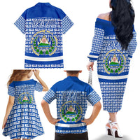 El Salvador Tribal Pattern Family Matching Off The Shoulder Long Sleeve Dress and Hawaiian Shirt with National Coat of Arms and Blue White Theme - Wonder Print Shop