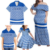 El Salvador Tribal Pattern Family Matching Off Shoulder Maxi Dress and Hawaiian Shirt with National Coat of Arms and Blue White Theme - Wonder Print Shop