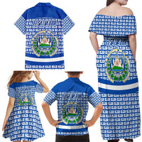 El Salvador Tribal Pattern Family Matching Off Shoulder Maxi Dress and Hawaiian Shirt with National Coat of Arms and Blue White Theme - Wonder Print Shop