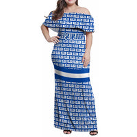 El Salvador Tribal Pattern Family Matching Off Shoulder Maxi Dress and Hawaiian Shirt with National Coat of Arms and Blue White Theme - Wonder Print Shop