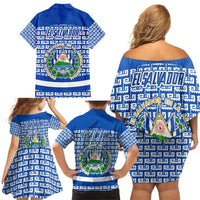 El Salvador Tribal Pattern Family Matching Off Shoulder Short Dress and Hawaiian Shirt with National Coat of Arms and Blue White Theme - Wonder Print Shop