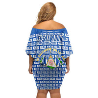 El Salvador Tribal Pattern Family Matching Off Shoulder Short Dress and Hawaiian Shirt with National Coat of Arms and Blue White Theme - Wonder Print Shop