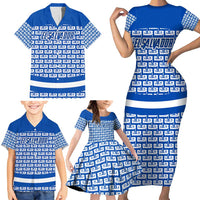 El Salvador Tribal Pattern Family Matching Short Sleeve Bodycon Dress and Hawaiian Shirt with National Coat of Arms and Blue White Theme - Wonder Print Shop