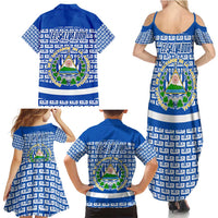 El Salvador Tribal Pattern Family Matching Summer Maxi Dress and Hawaiian Shirt with National Coat of Arms and Blue White Theme - Wonder Print Shop