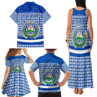El Salvador Tribal Pattern Family Matching Tank Maxi Dress and Hawaiian Shirt with National Coat of Arms and Blue White Theme - Wonder Print Shop