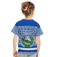 El Salvador Tribal Pattern Kid T Shirt with National Coat of Arms and Blue White Theme - Wonder Print Shop