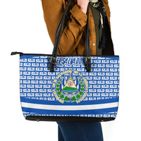 El Salvador Tribal Pattern Leather Tote Bag with National Coat of Arms and Blue White Theme - Wonder Print Shop
