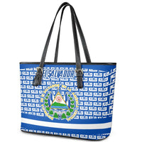 El Salvador Tribal Pattern Leather Tote Bag with National Coat of Arms and Blue White Theme - Wonder Print Shop